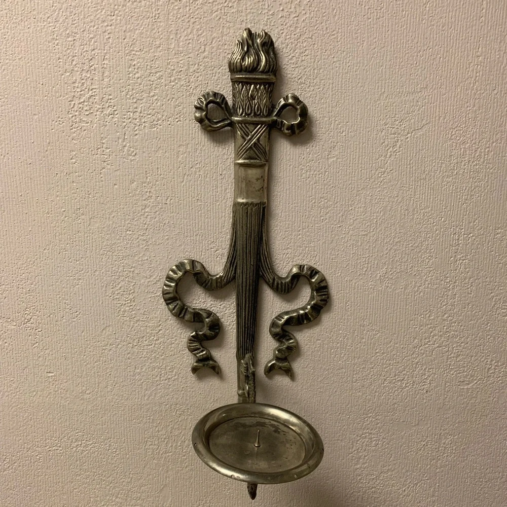Vintage Bombay Solid Brass Wall Sconce Torch & Ribbon Candle Holder